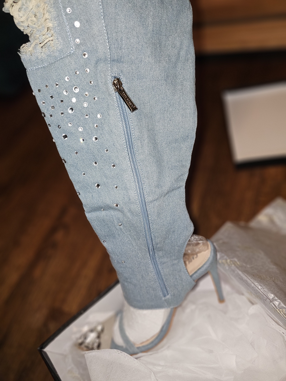 Cape Robbin Light Blue Rhinestone Distressed Denim Over-the-Knee Boots - Picture 7 of 10